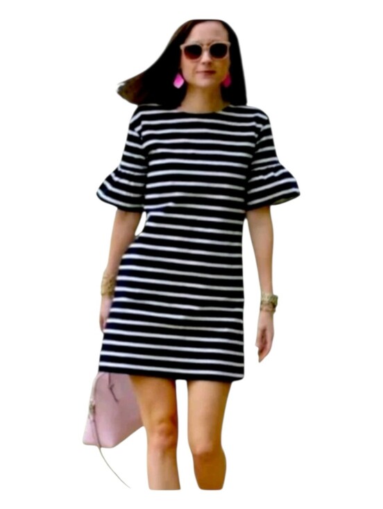 J. Crew Dresses & Skirts - J Crew Womens Black White Striped Cotton Ruffle Bell Half Sleeve Dress Size XS